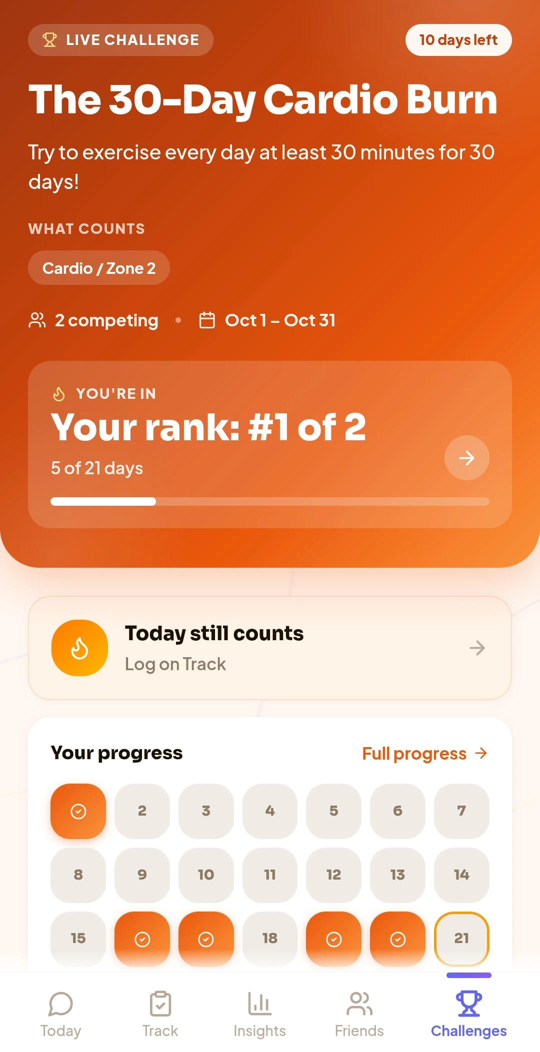 The 30-Day Cardio Burn challenge with your rank and progress