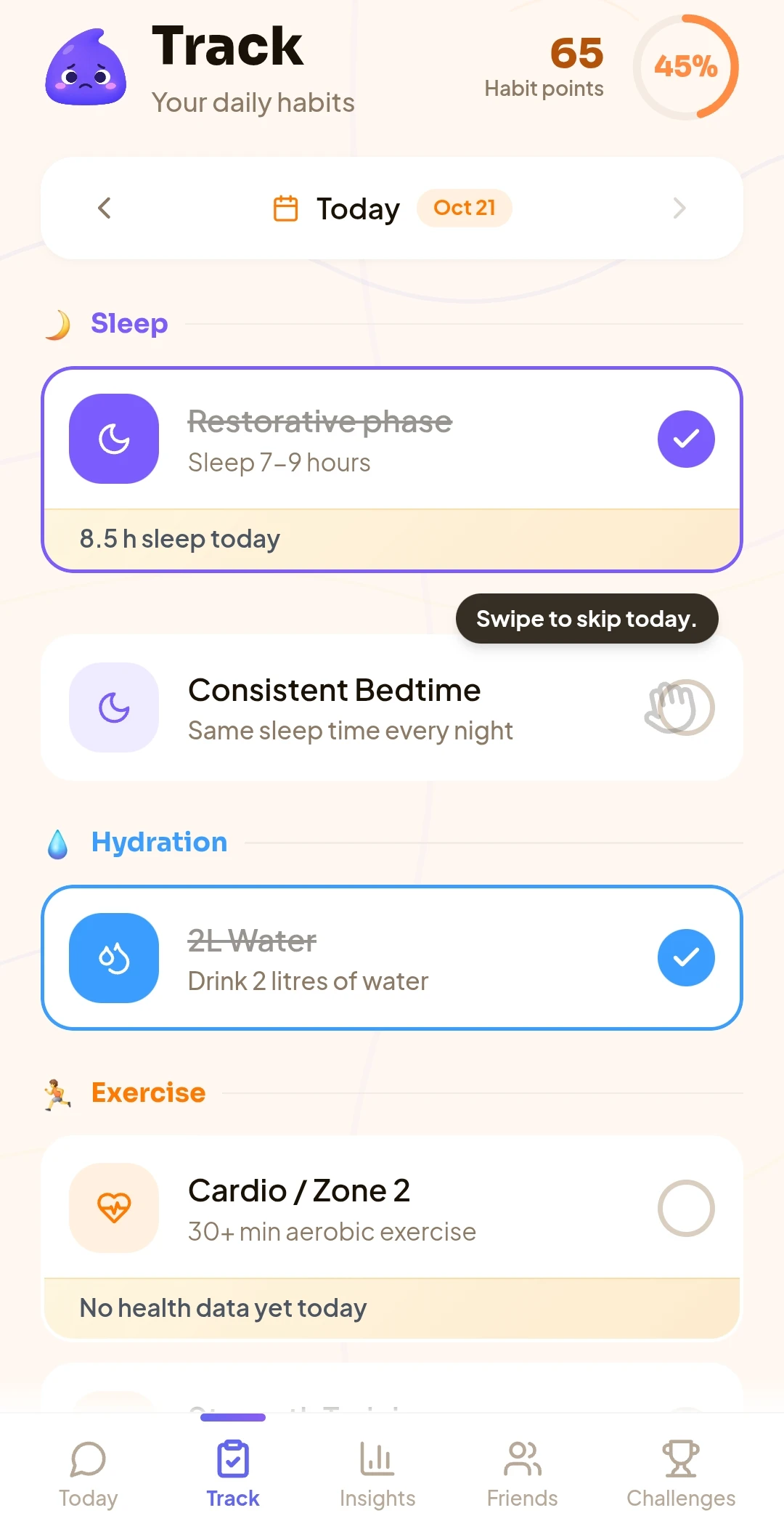 The Track screen listing sleep, hydration and exercise habits